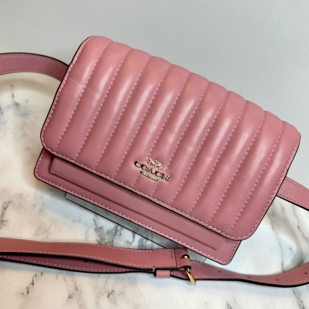 EUC Coach Linear Quilted Pink Nappa Leather 2 Way Belt Bag Crossbody